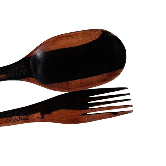Hakuna Matata Hand Carved Wooden 12 Inch Salad Set - Picture 4 of 6